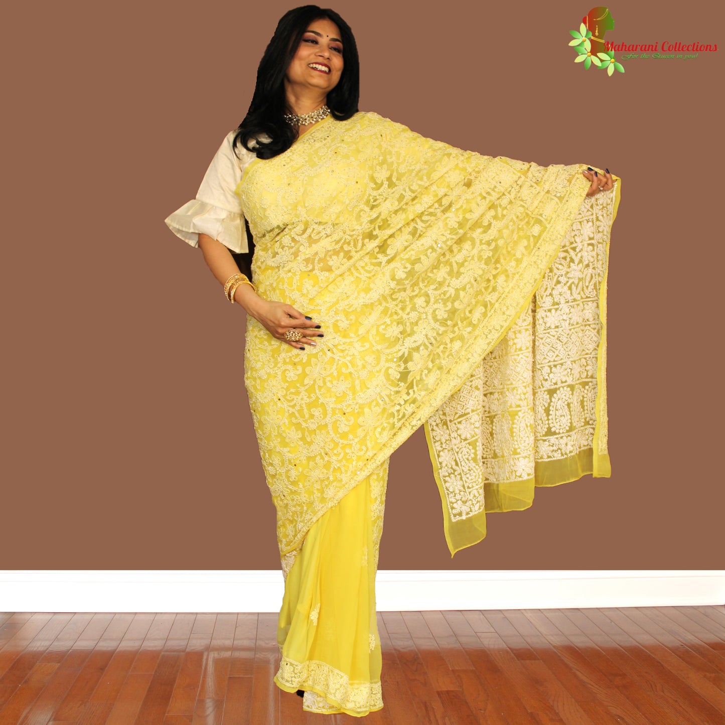 Maharani's Party Wear Lucknowi Chikankari Saree - Yellow - Pure Georgette
