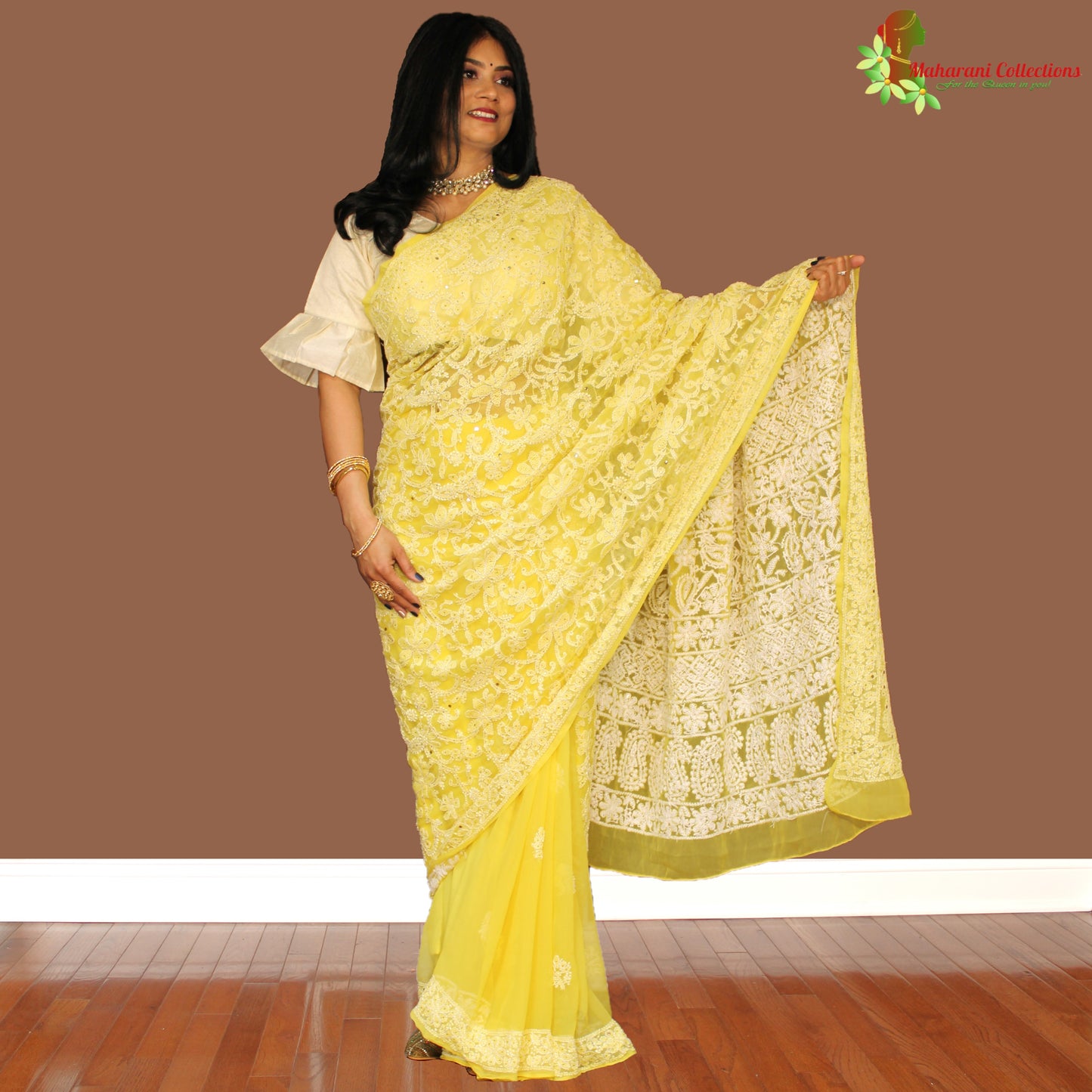 Maharani's Party Wear Lucknowi Chikankari Saree - Yellow - Pure Georgette