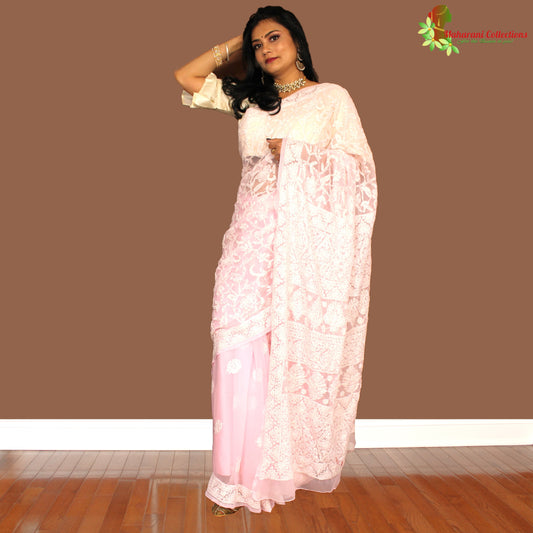 Maharani's Party Wear Lucknowi Chikankari Saree - Pink - Pure Georgette