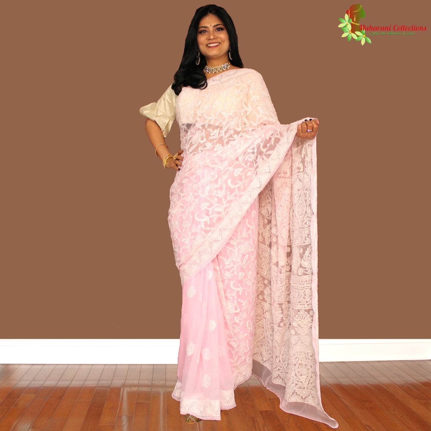 Maharani's Party Wear Lucknowi Chikankari Saree - Pink - Pure Georgette
