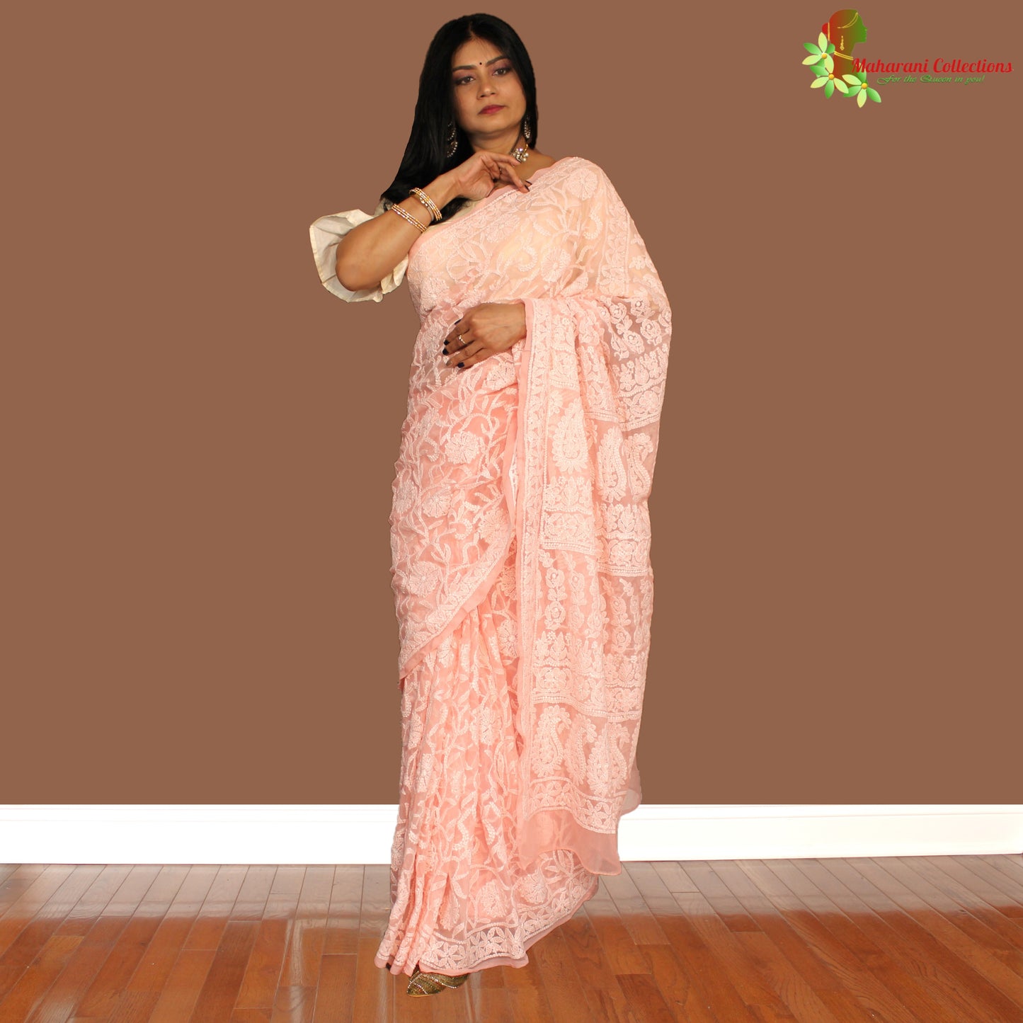 Maharani's Party Wear Lucknowi Chikankari Saree - Peach - Pure Georgette