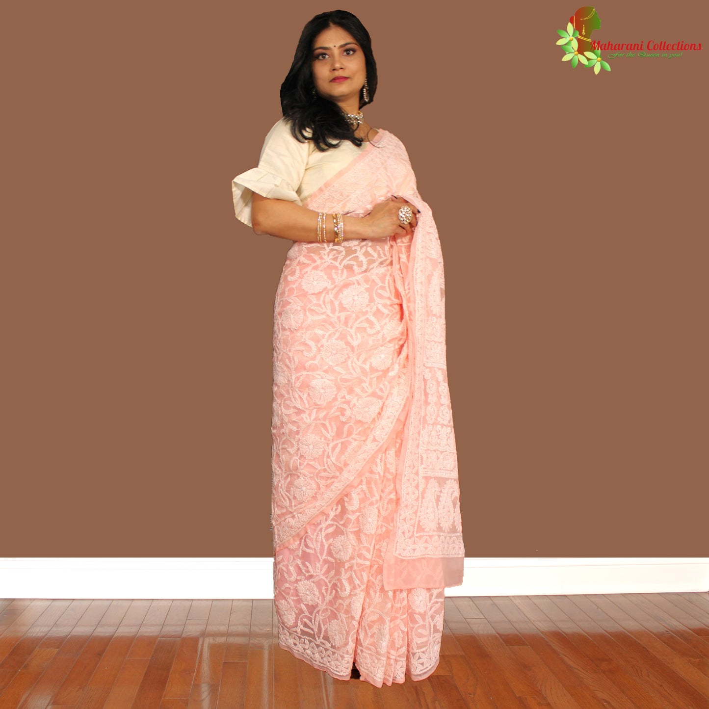 Maharani's Party Wear Lucknowi Chikankari Saree - Peach - Pure Georgette