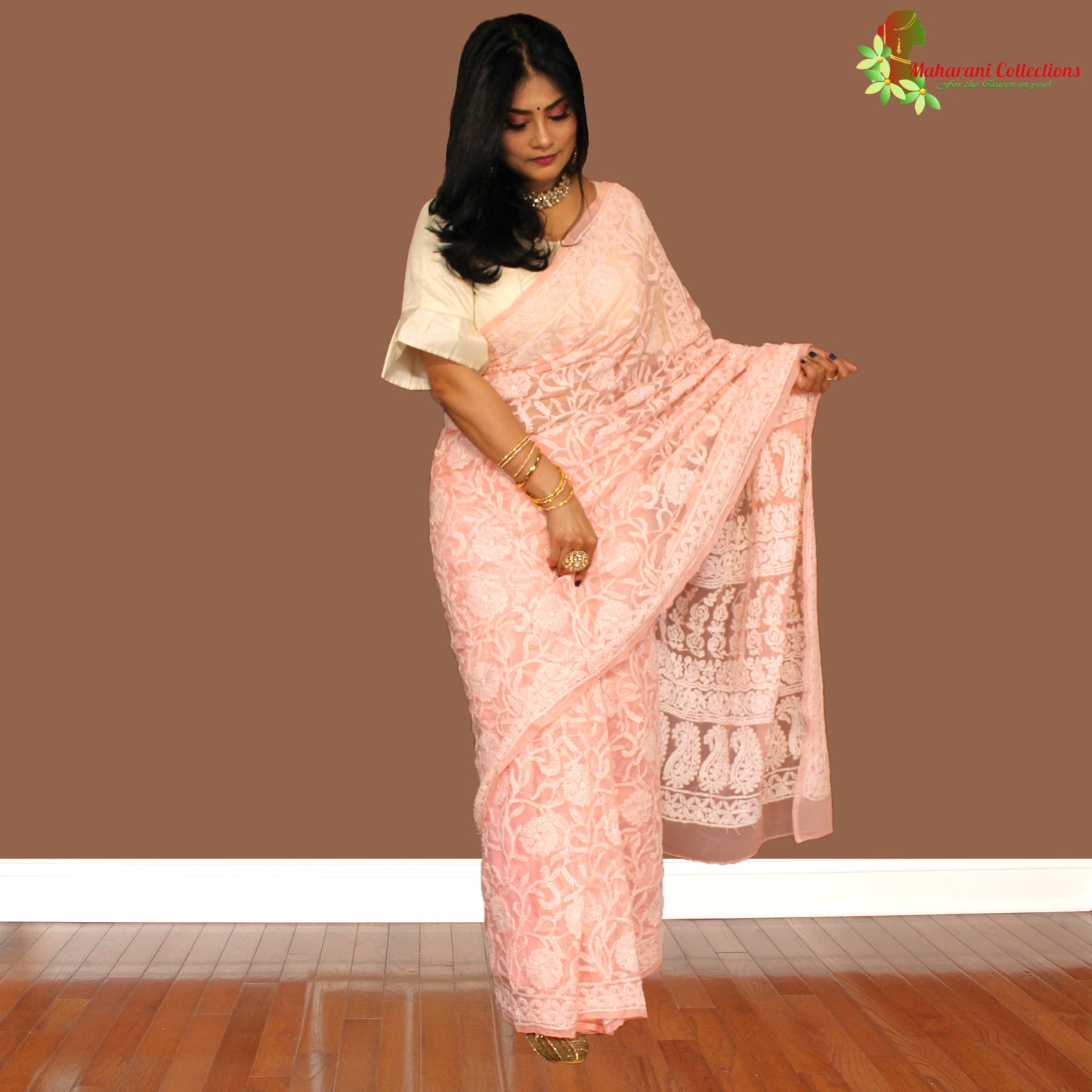 Maharani's Party Wear Lucknowi Chikankari Saree - Peach - Pure Georgette