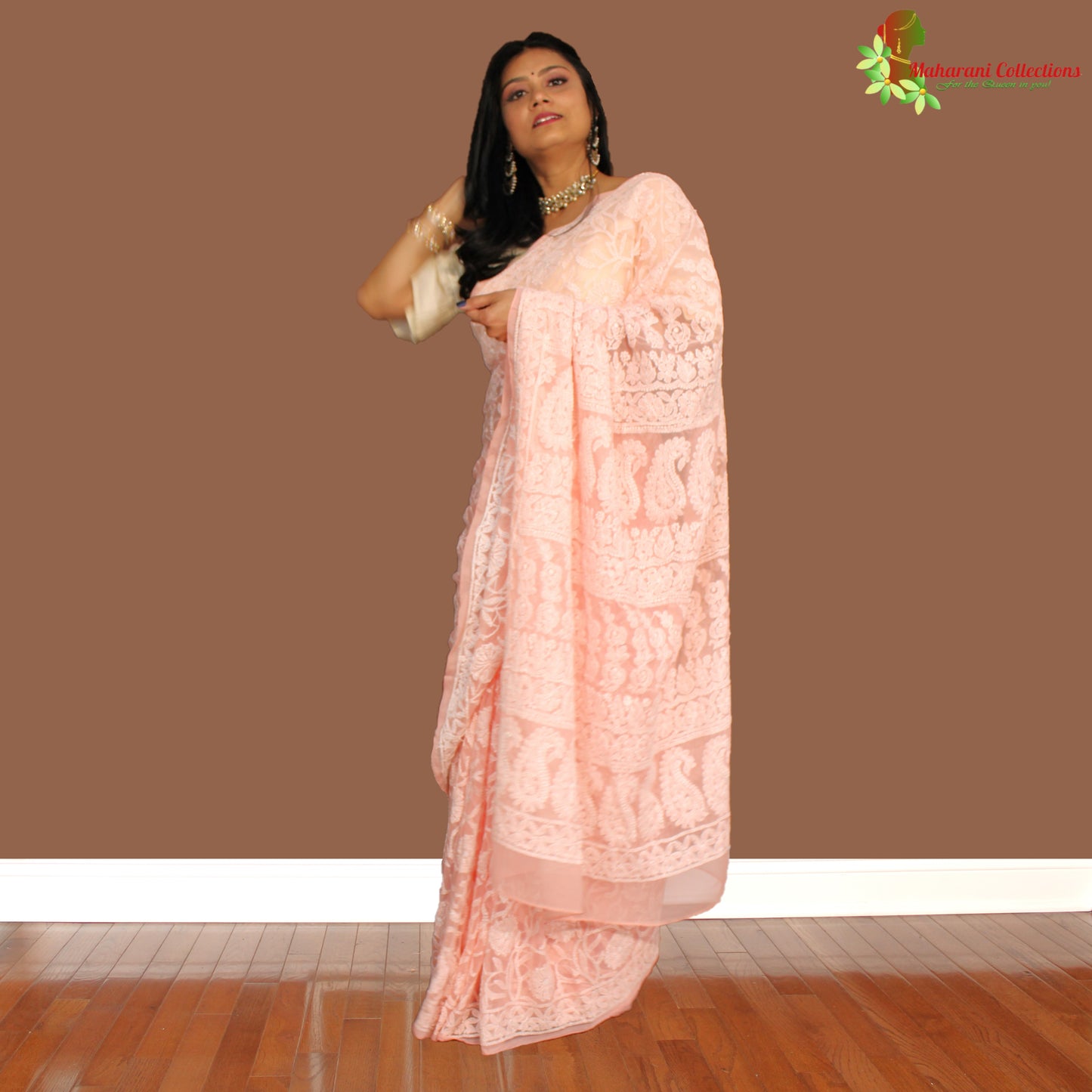 Maharani's Party Wear Lucknowi Chikankari Saree - Peach - Pure Georgette