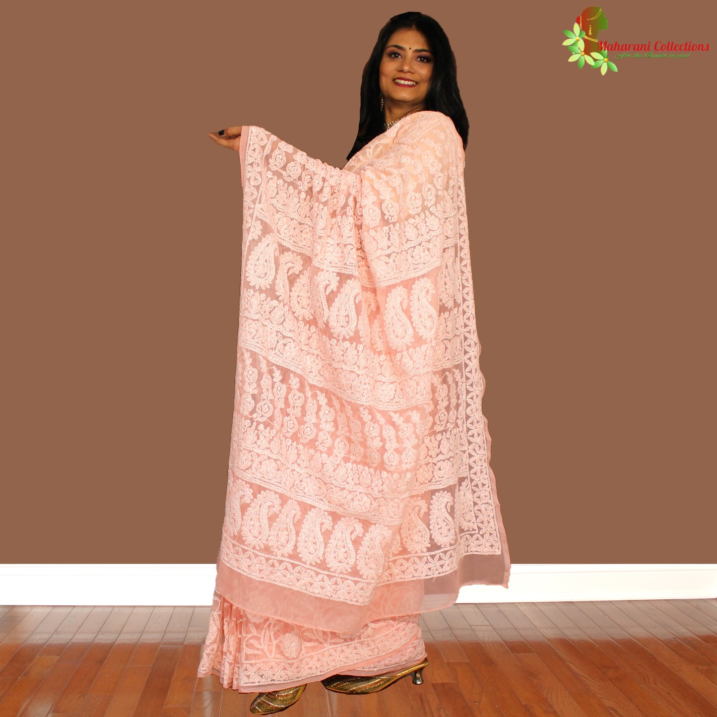 Maharani's Party Wear Lucknowi Chikankari Saree - Peach - Pure Georgette