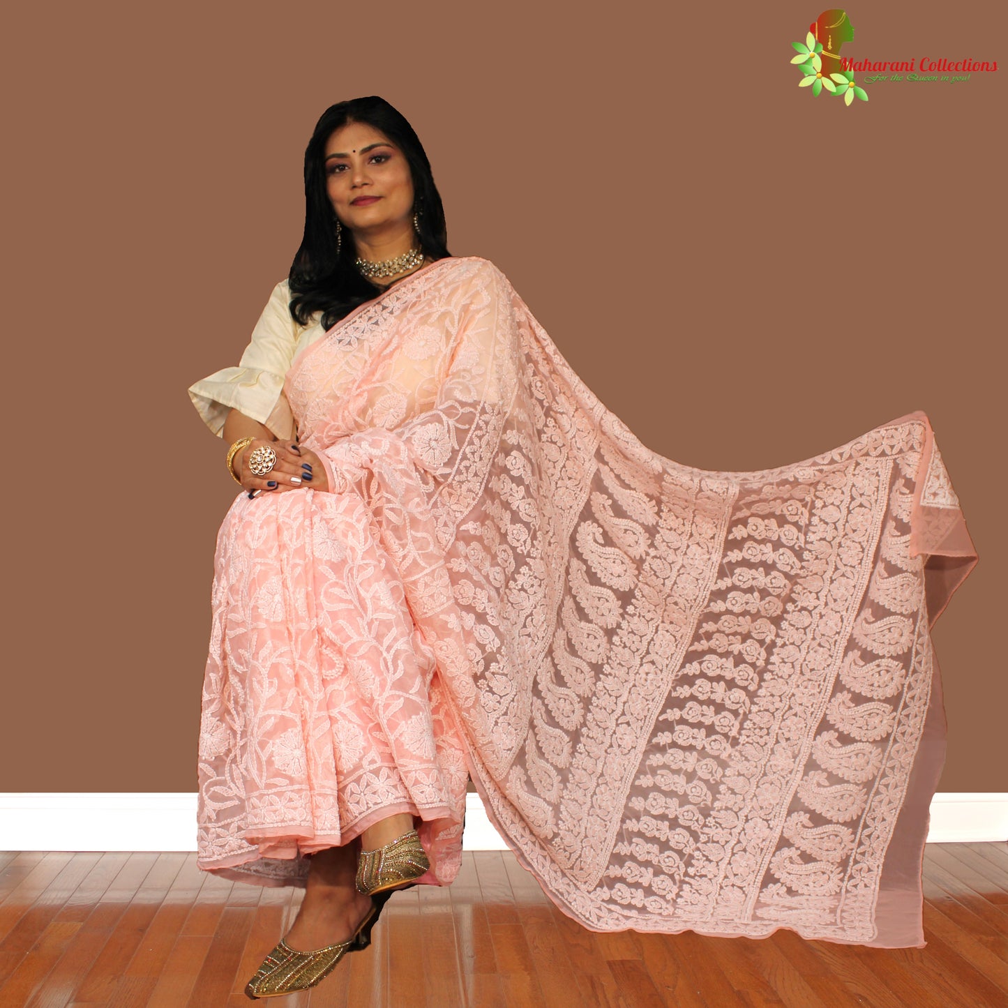 Maharani's Party Wear Lucknowi Chikankari Saree - Peach - Pure Georgette