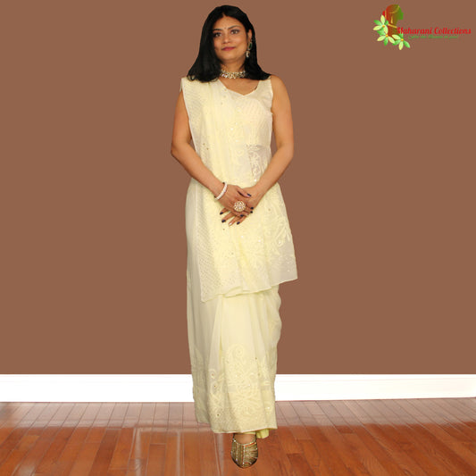 Maharani's Party Wear Lucknowi Chikankari Saree - Lemon Yellow - Pure Georgette