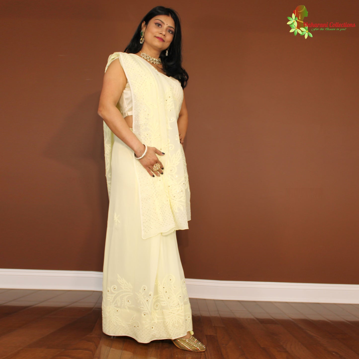 Maharani's Party Wear Lucknowi Chikankari Saree - Lemon Yellow - Pure Georgette