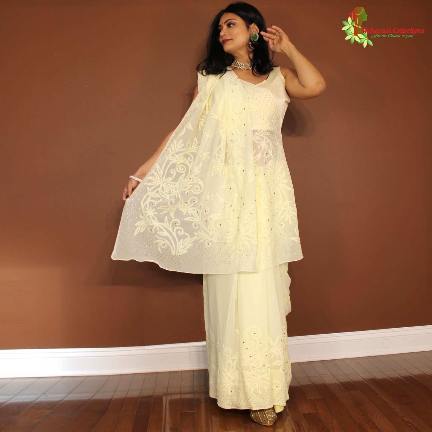Maharani's Party Wear Lucknowi Chikankari Saree - Lemon Yellow - Pure Georgette