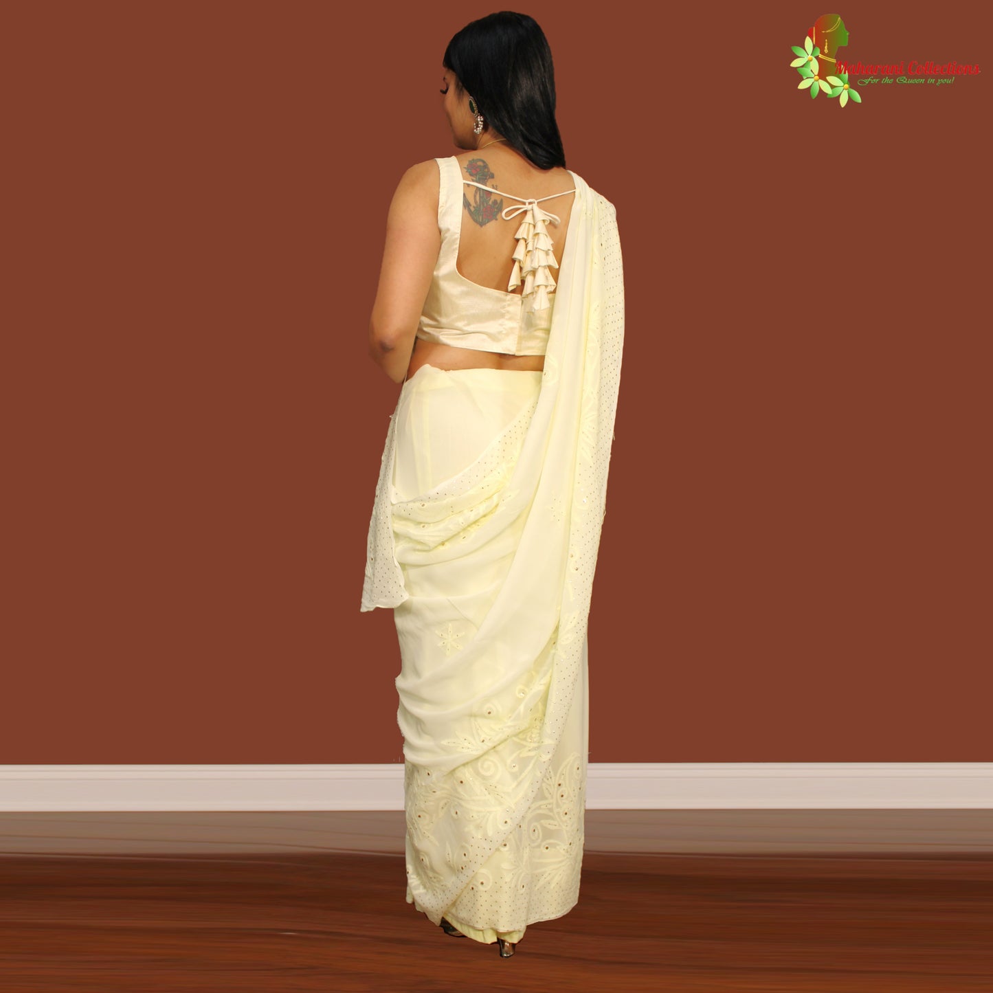 Maharani's Party Wear Lucknowi Chikankari Saree - Lemon Yellow - Pure Georgette