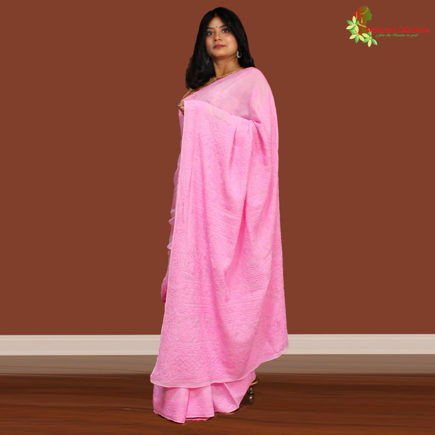 Maharani's Party Wear Lucknowi Chikankari Saree - Pink - Soft Cotton