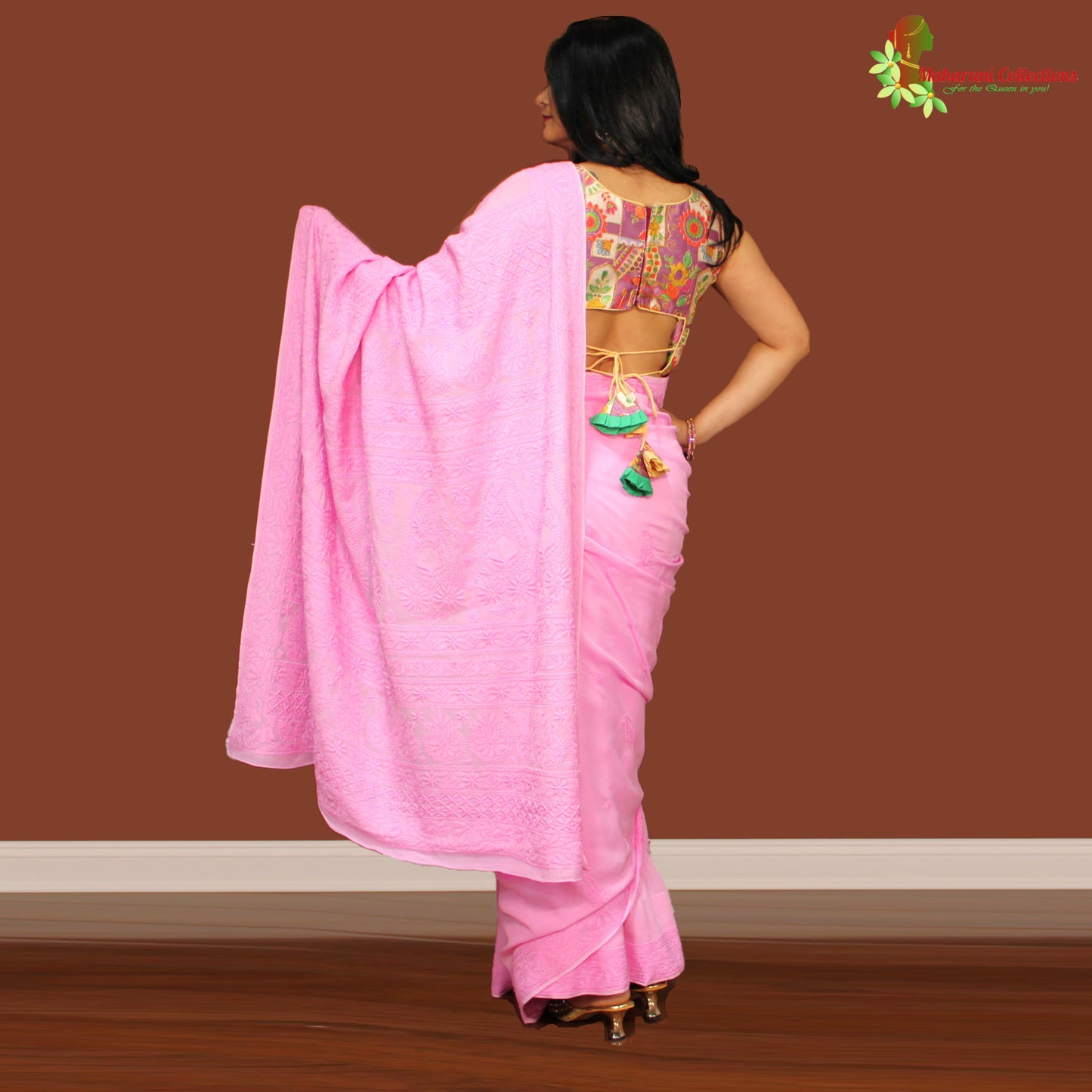 Maharani's Party Wear Lucknowi Chikankari Saree - Pink - Soft Cotton