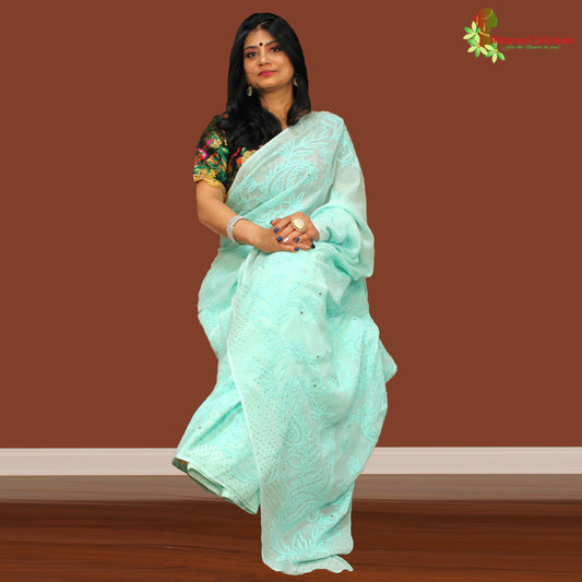 Maharani's Party Wear Lucknowi Chikankari Saree - Sea Green - Pure Georgette
