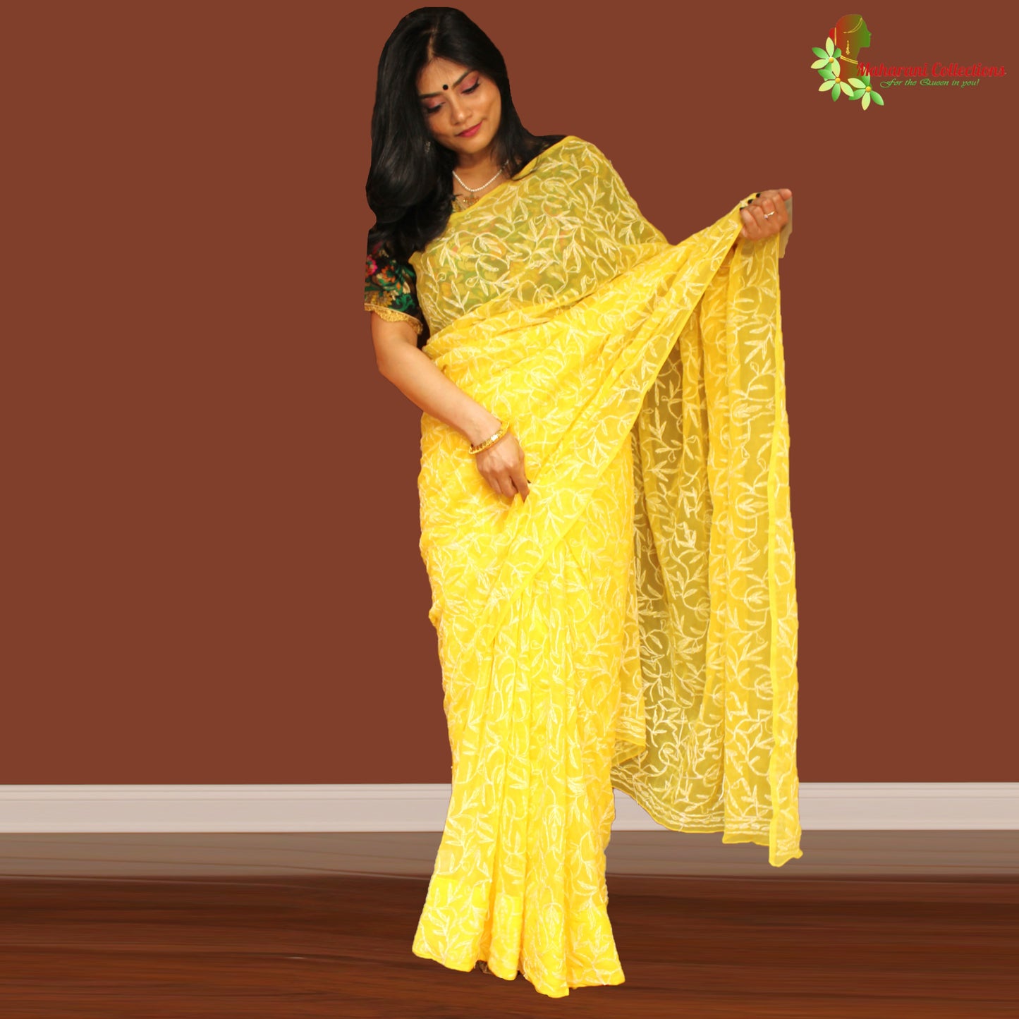 Maharani's Party Wear Lucknowi Chikankari Saree - Yellow - Pure Georgette
