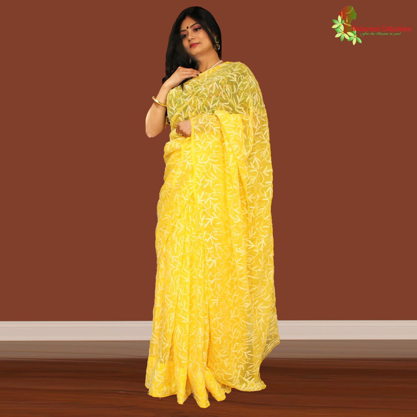 Maharani's Party Wear Lucknowi Chikankari Saree - Yellow - Pure Georgette
