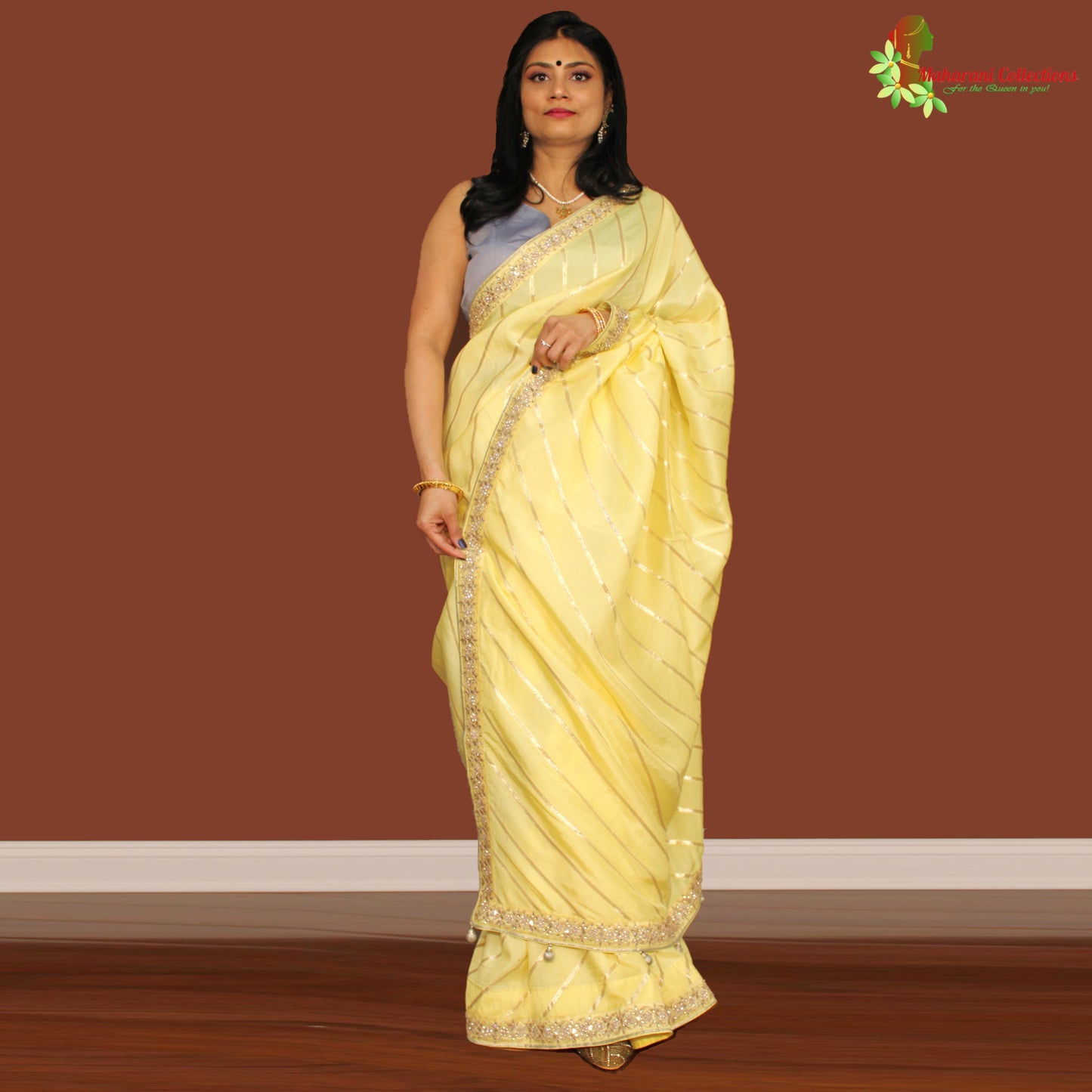 Maharani's Party Wear Georgette Lahariya Saree - Lemon Yellow (Includes Stitched Blouse and Petticoat)