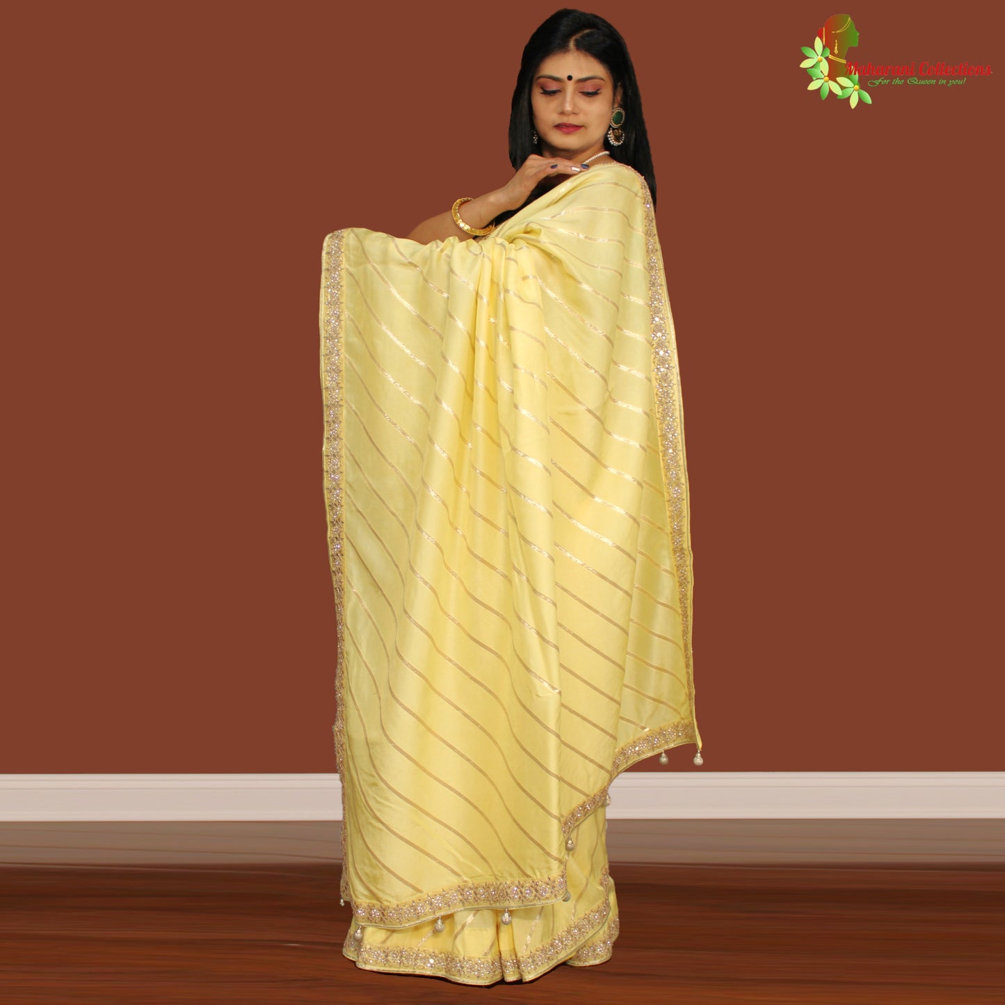 Maharani's Party Wear Georgette Lahariya Saree - Lemon Yellow (Includes Stitched Blouse and Petticoat)