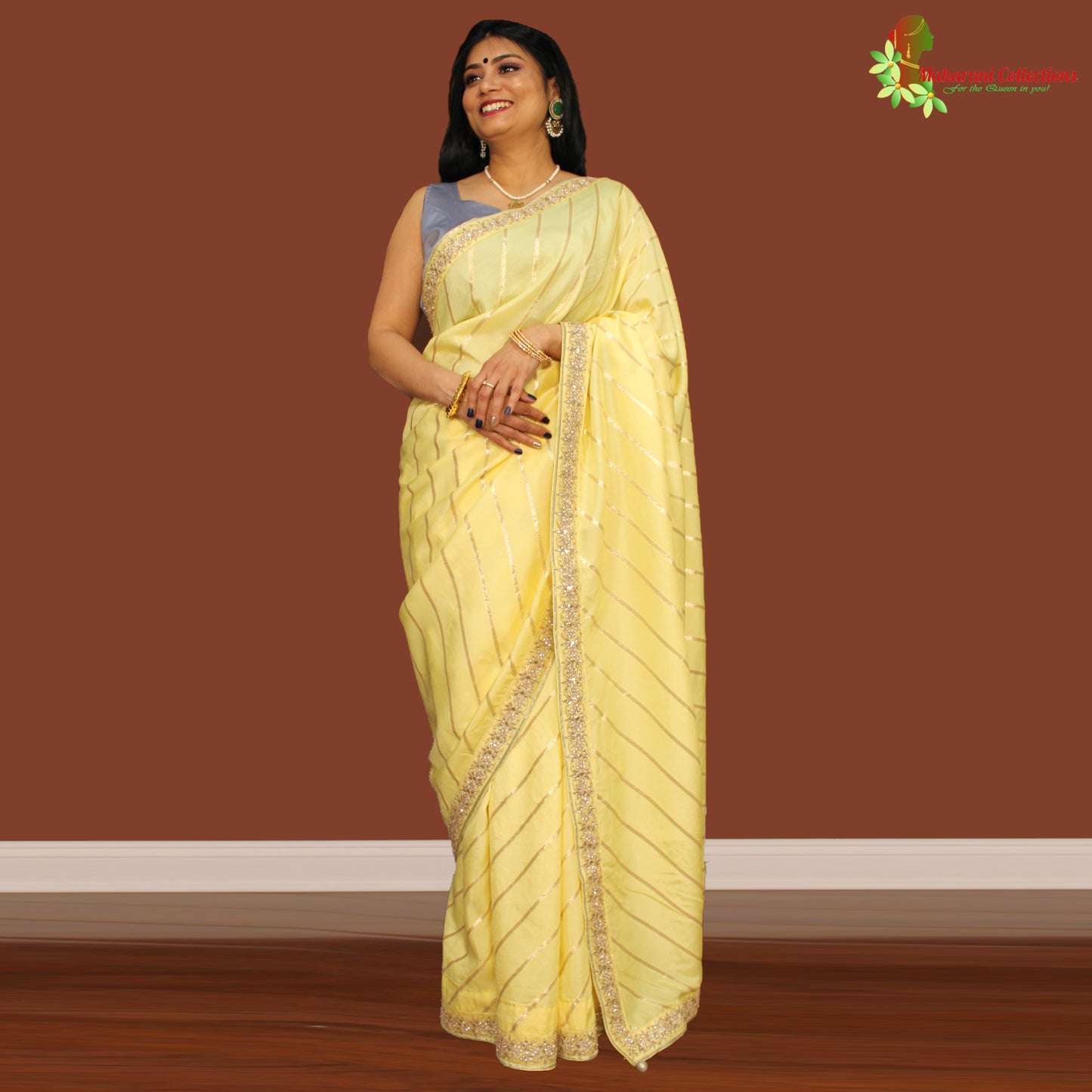 Maharani's Party Wear Georgette Lahariya Saree - Lemon Yellow (Includes Stitched Blouse and Petticoat)
