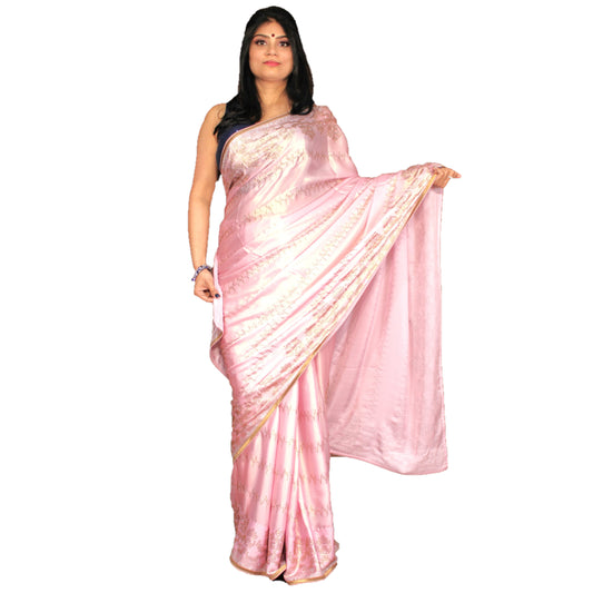 Maharani's Pure Banarasi Tissue Silk Saree - Pink (with Stitched Blouse and Petticoat)