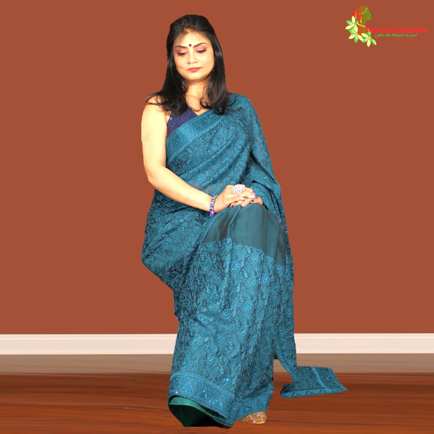 Maharani's Party Wear Georgette Saree - Peacock Blue (with Stitched Blouse and Petticoat)