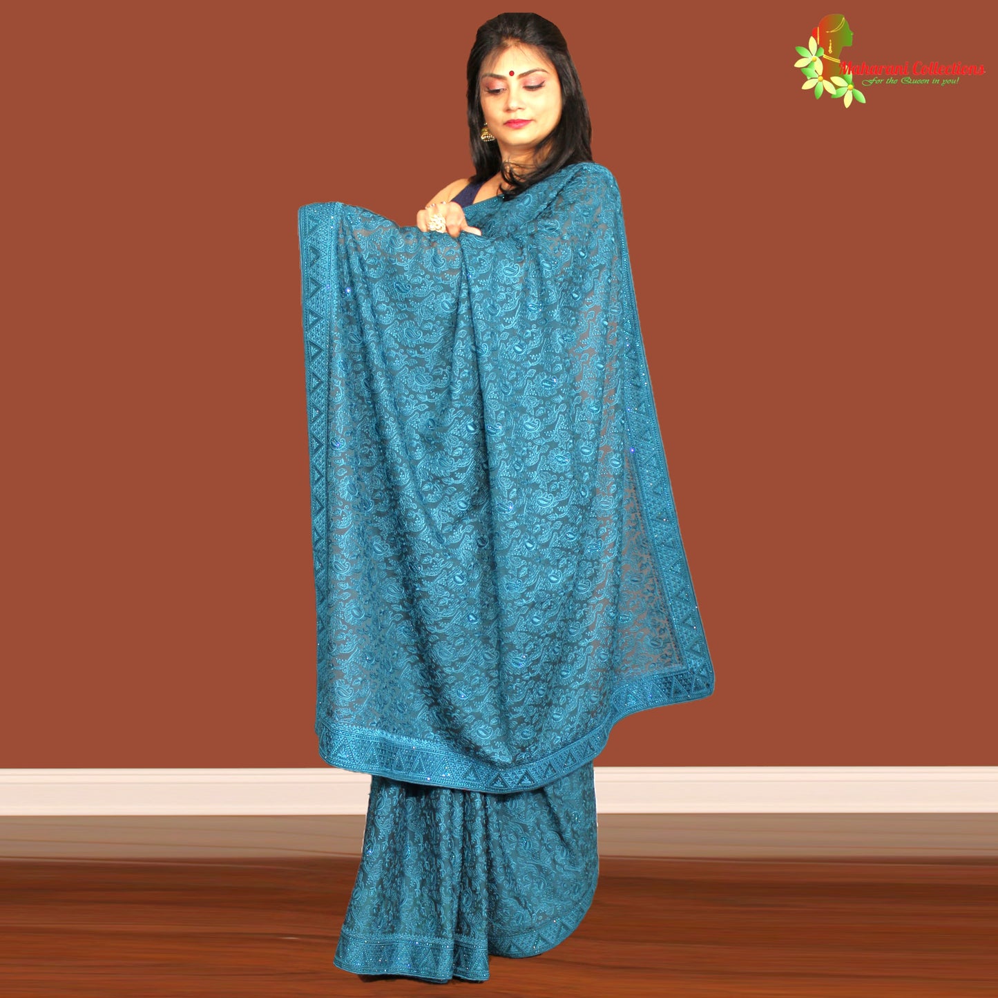 Maharani's Party Wear Georgette Saree - Peacock Blue (with Stitched Blouse and Petticoat)