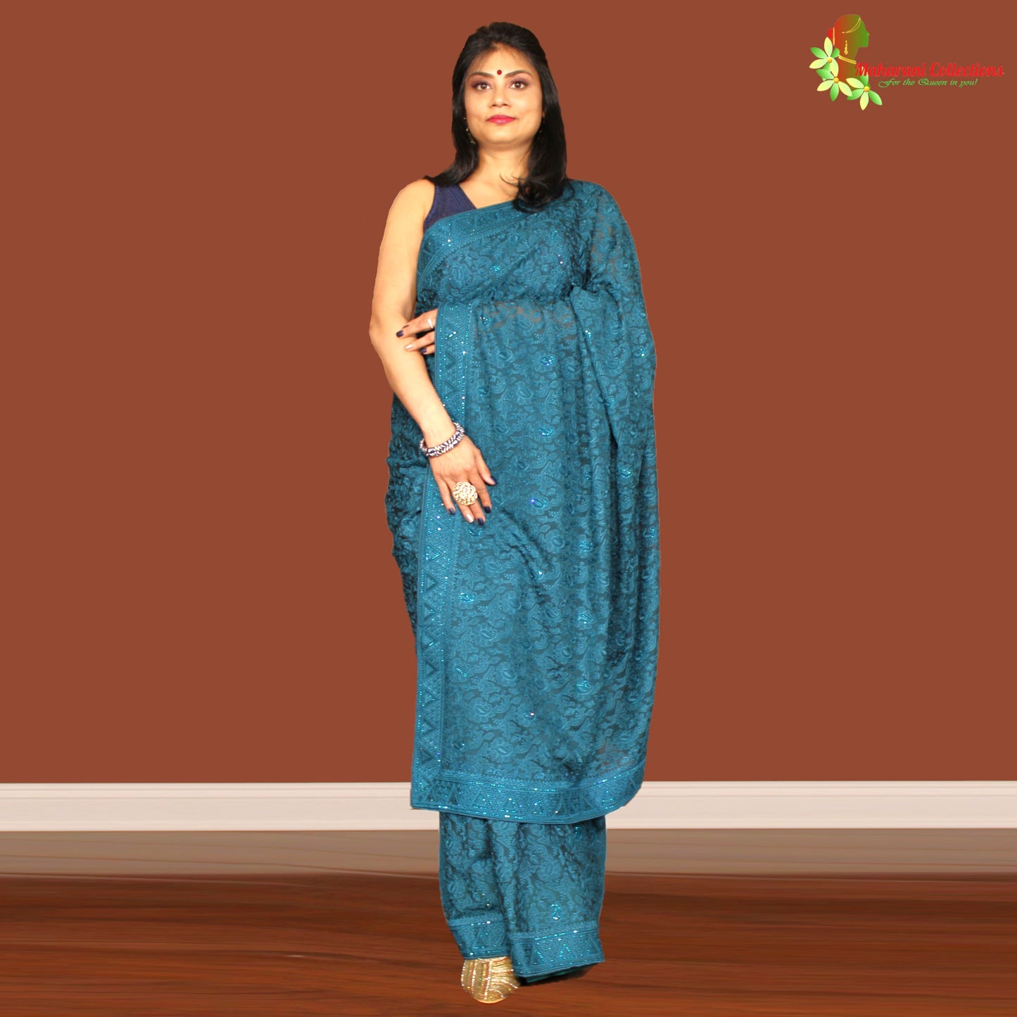 Maharani's Party Wear Georgette Saree - Peacock Blue (with Stitched Blouse and Petticoat)