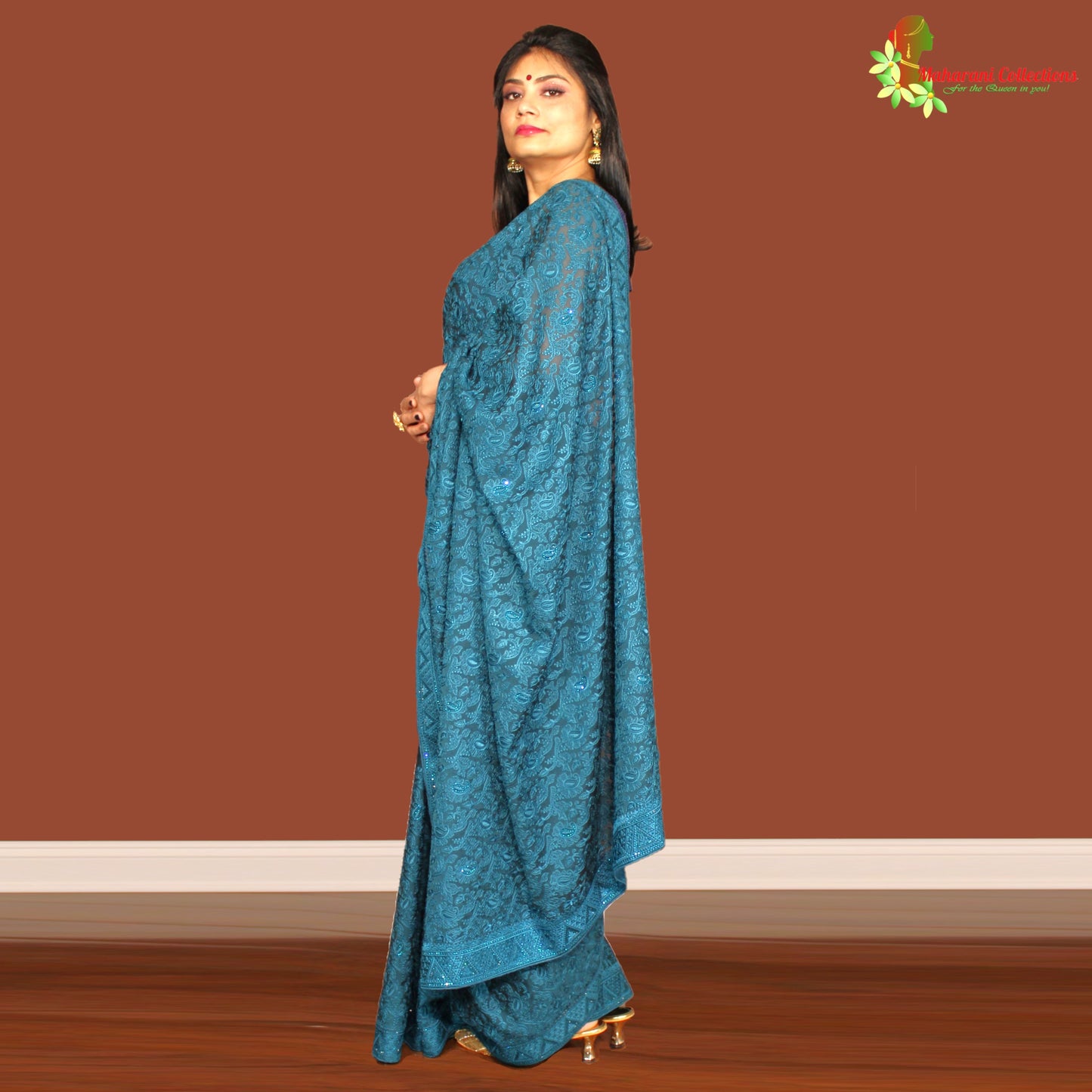 Maharani's Party Wear Georgette Saree - Peacock Blue (with Stitched Blouse and Petticoat)
