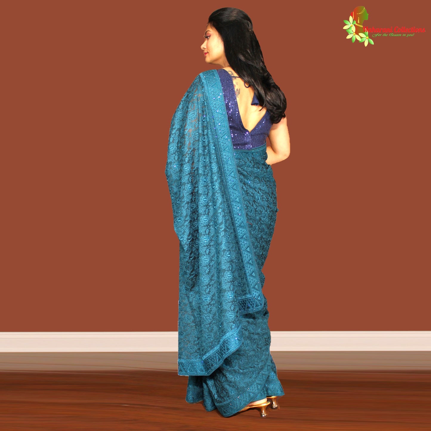 Maharani's Party Wear Georgette Saree - Peacock Blue (with Stitched Blouse and Petticoat)