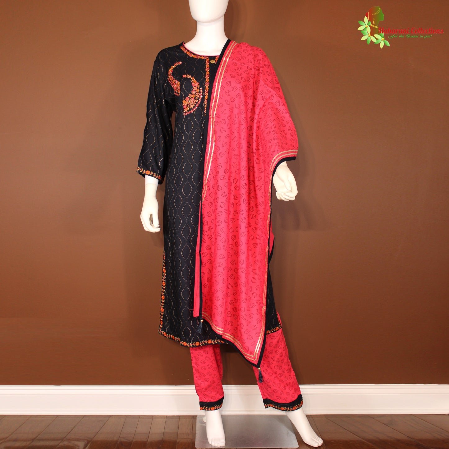 Maharani's Designer Palazzo Suit Set - Cotton Silk - Black (XL)