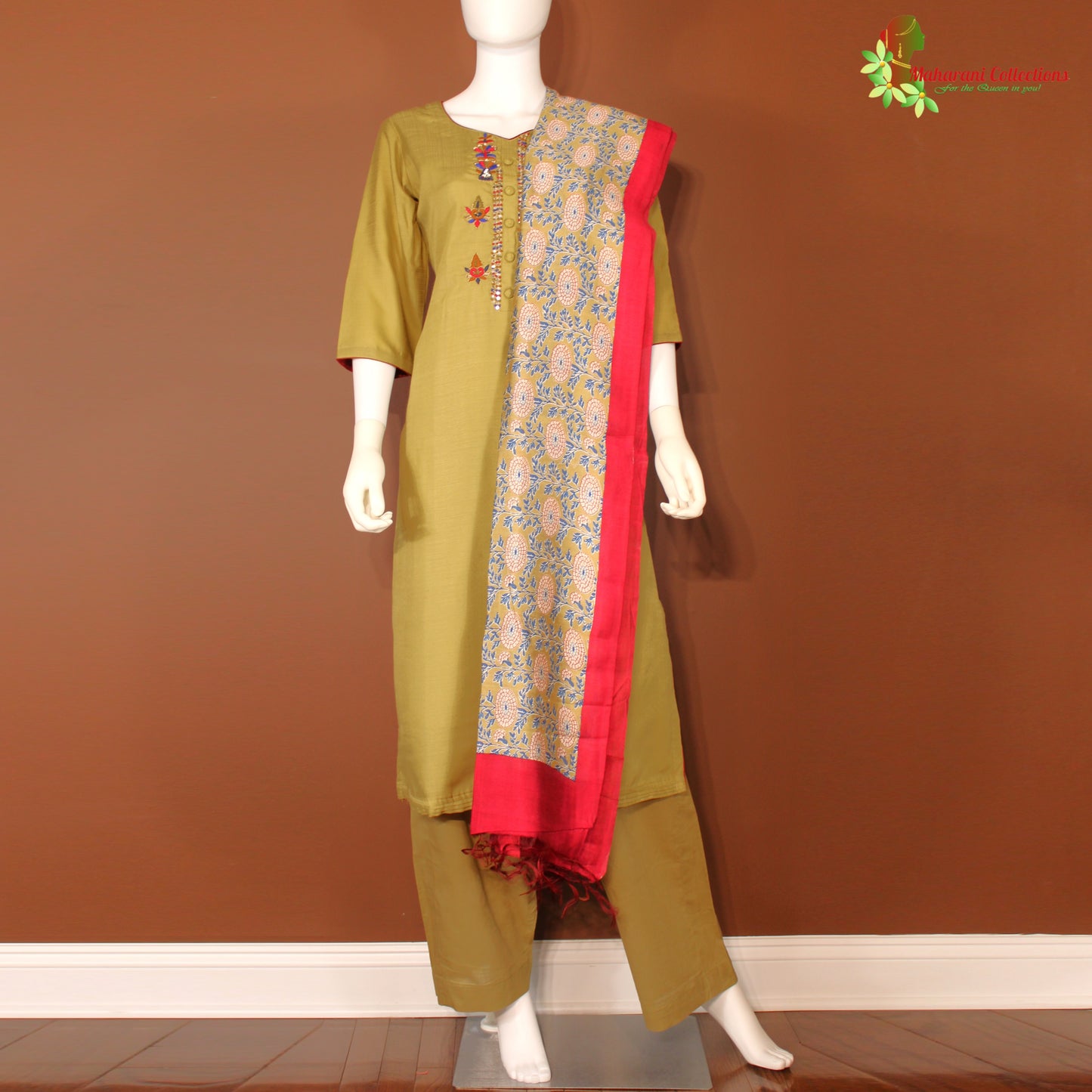 Maharani's Designer Palazzo Suit Set - Cotton Silk - Henna Green (M)