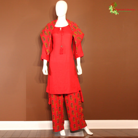 Maharani's Palazzo Suit Set - Soft Cotton - Red (L)
