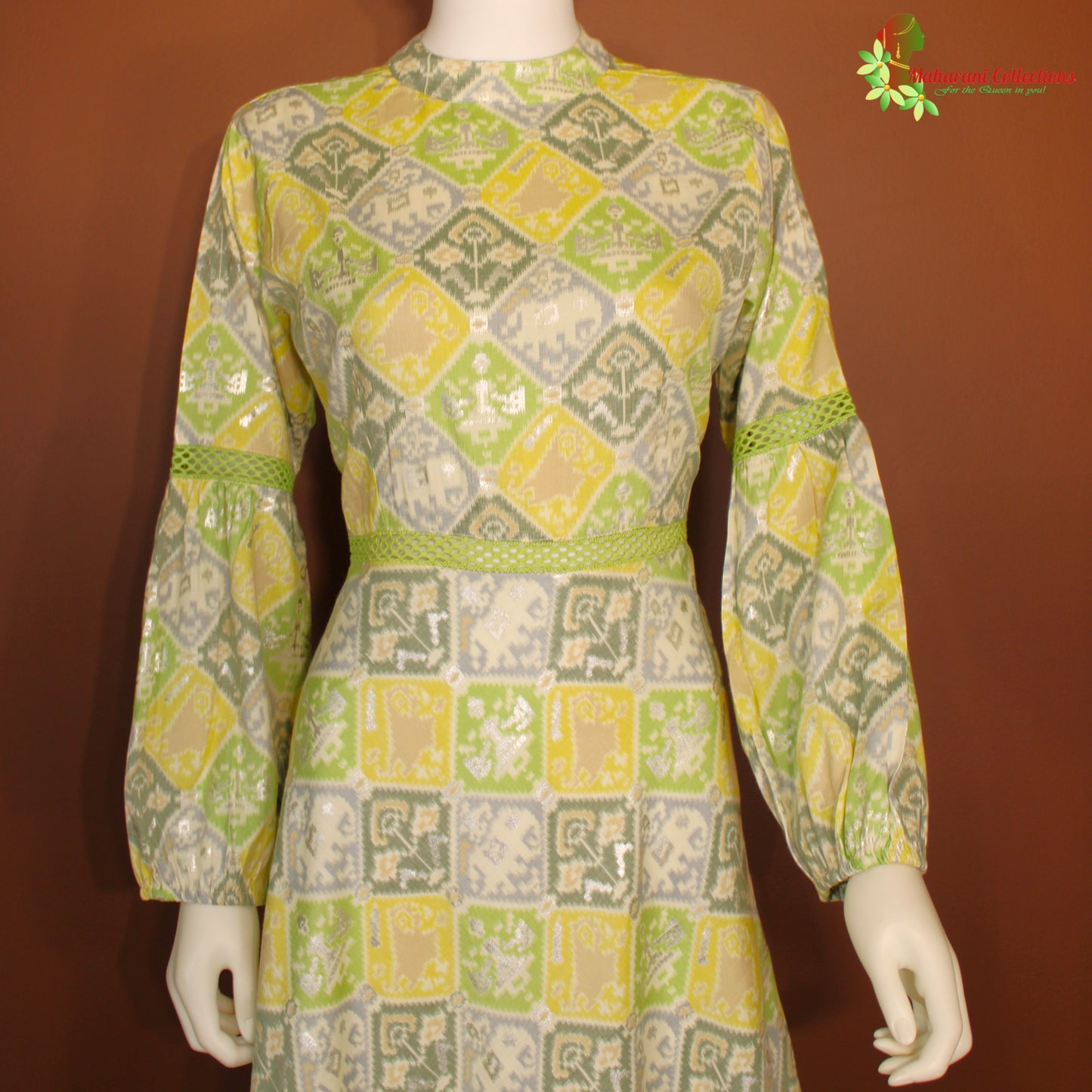 Maharani's Long Dress - Satin Silk - Green Multicolor (M)