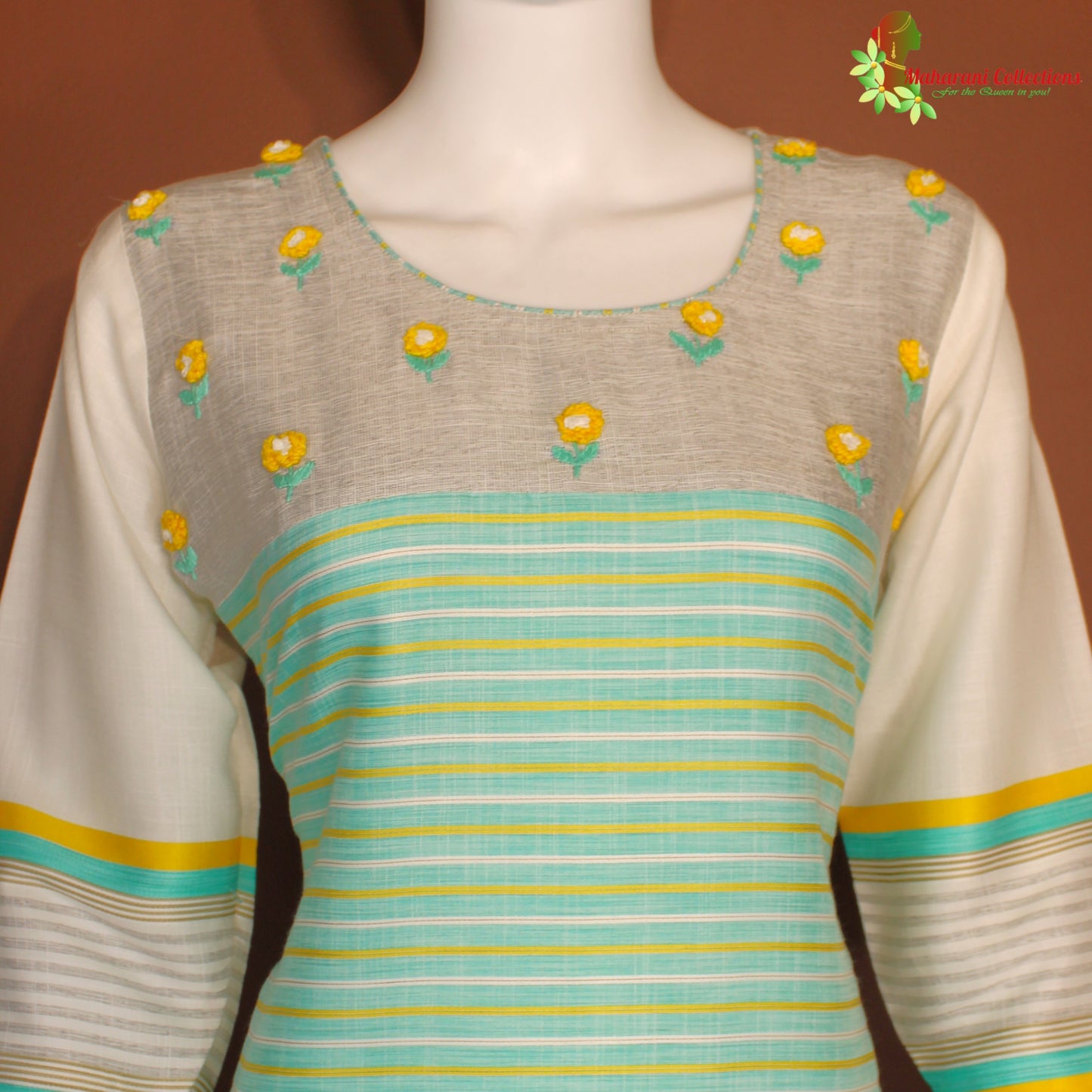 Maharani's Satin Silk Long Dress - Green and White (L)