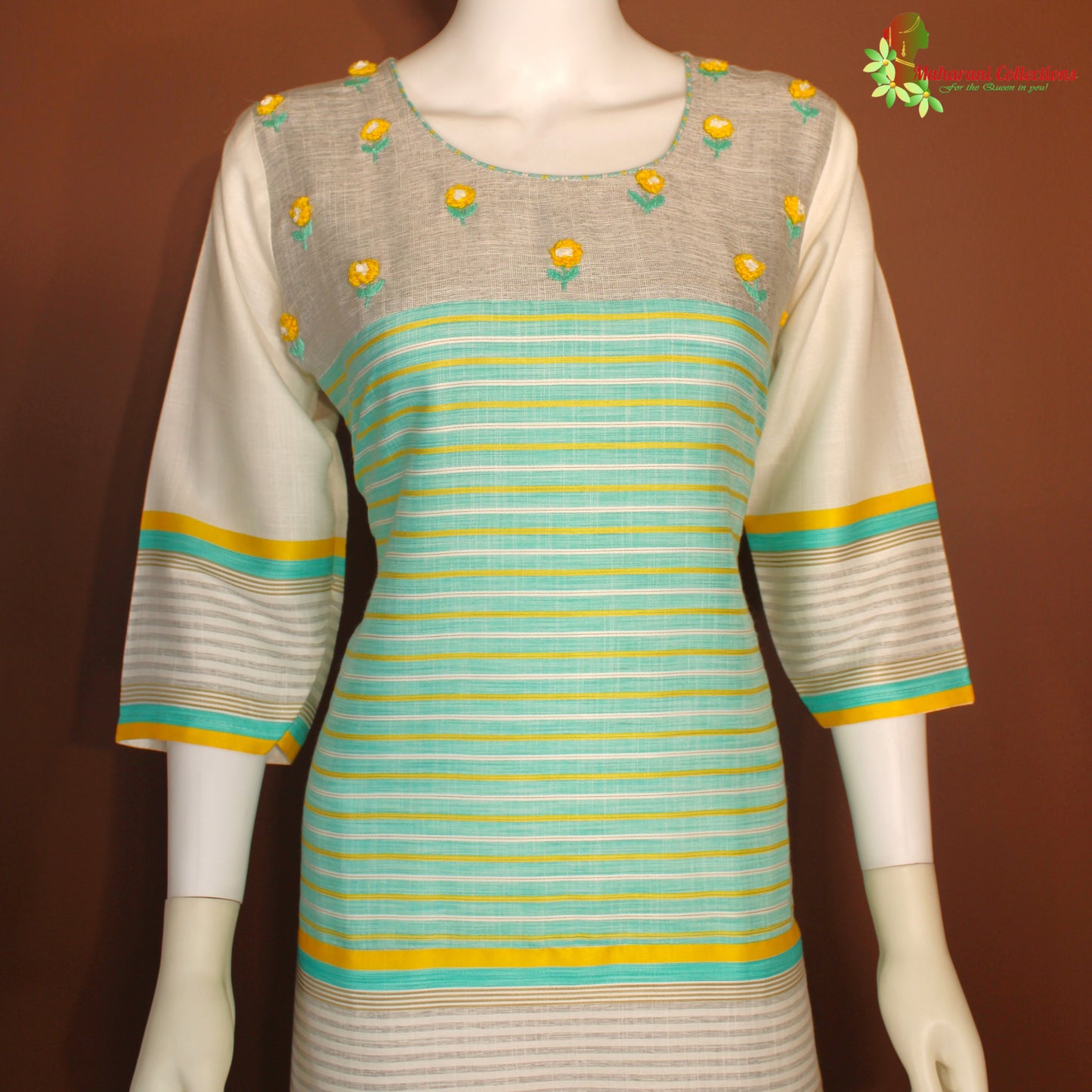 Maharani's Satin Silk Long Dress - Green and White (L)