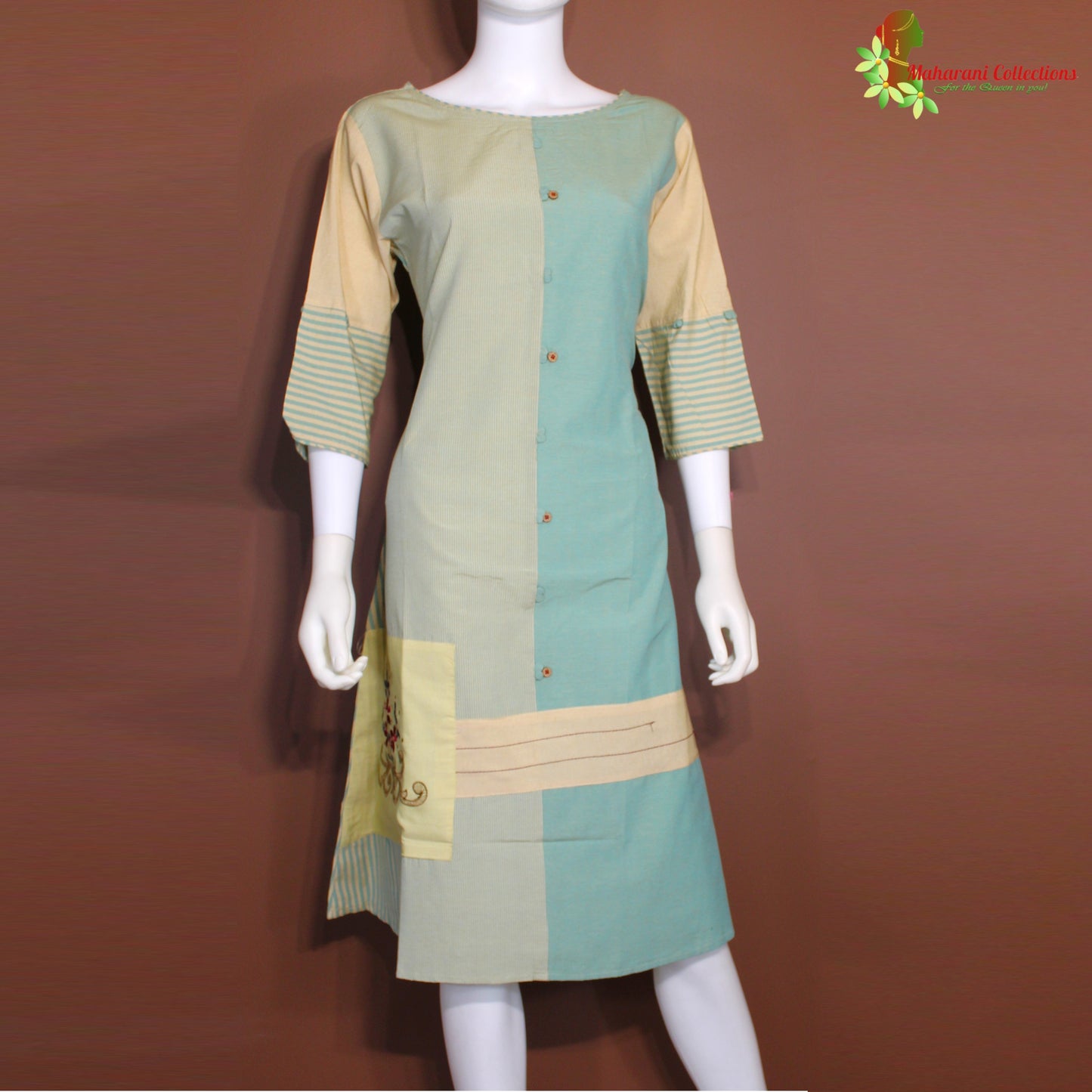 Maharani's Soft Cotton Short Dress - Golden/Green (M)