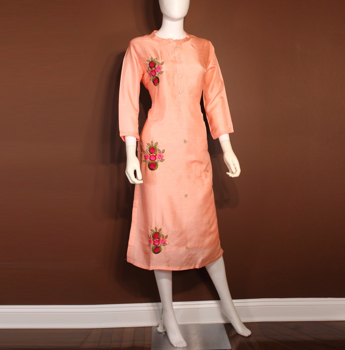 Maharani's Cotton Silk Long Dress - Peach (XL)