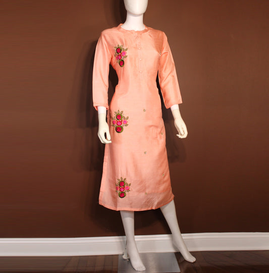 Maharani's Cotton Silk Long Dress - Peach (XL)