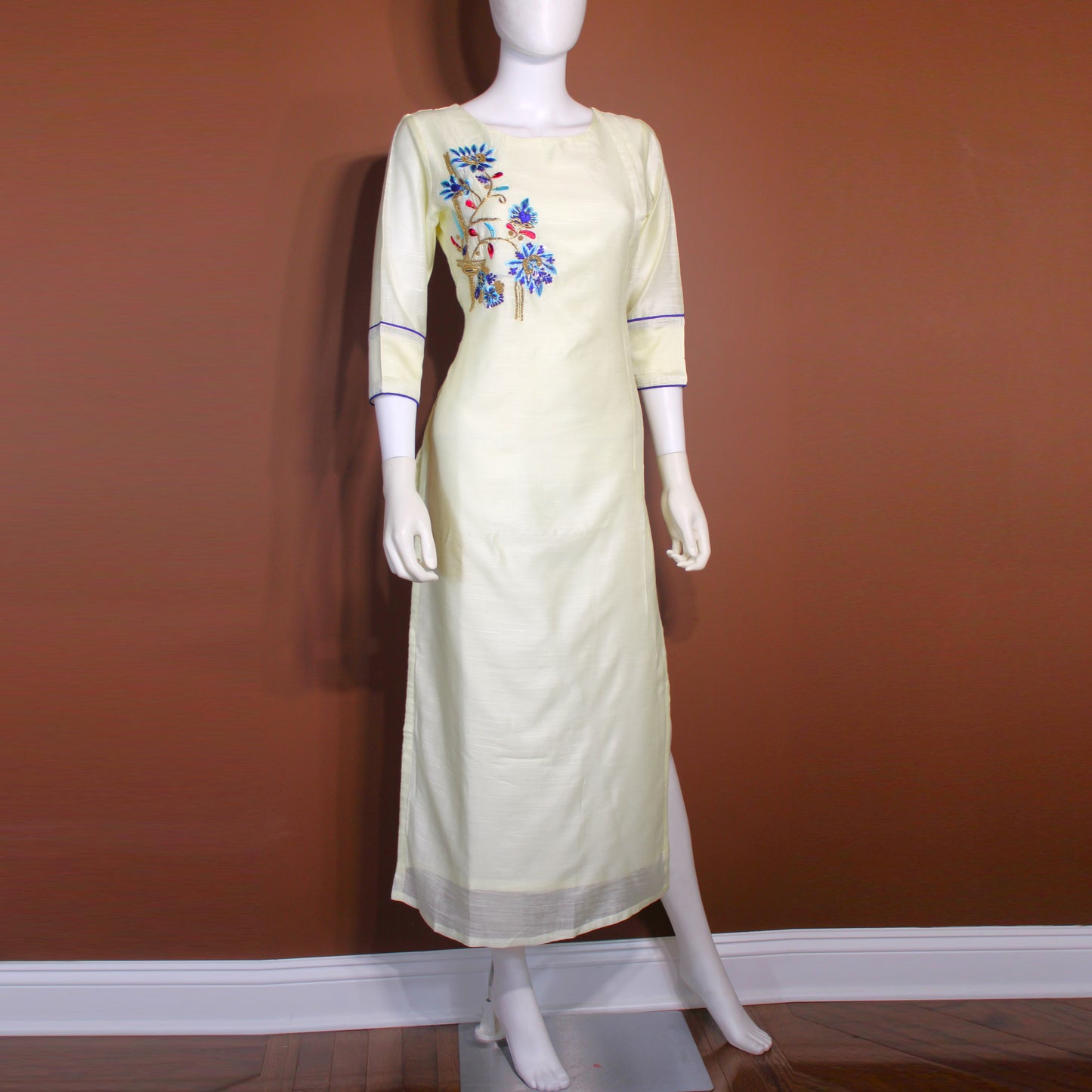 Maharani's Cotton Silk Long Dress - Lemon Yellow (S)