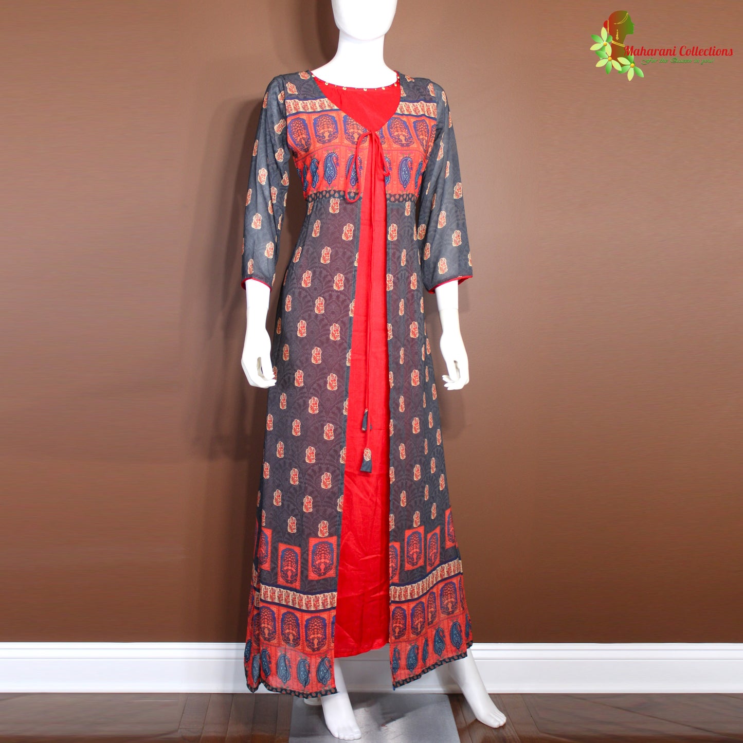 Maharani's Georgette Long Evening Dress - Brown and Red (S)