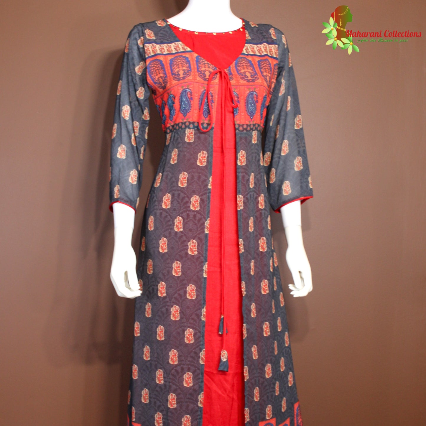 Maharani's Georgette Long Evening Dress - Brown and Red (S)