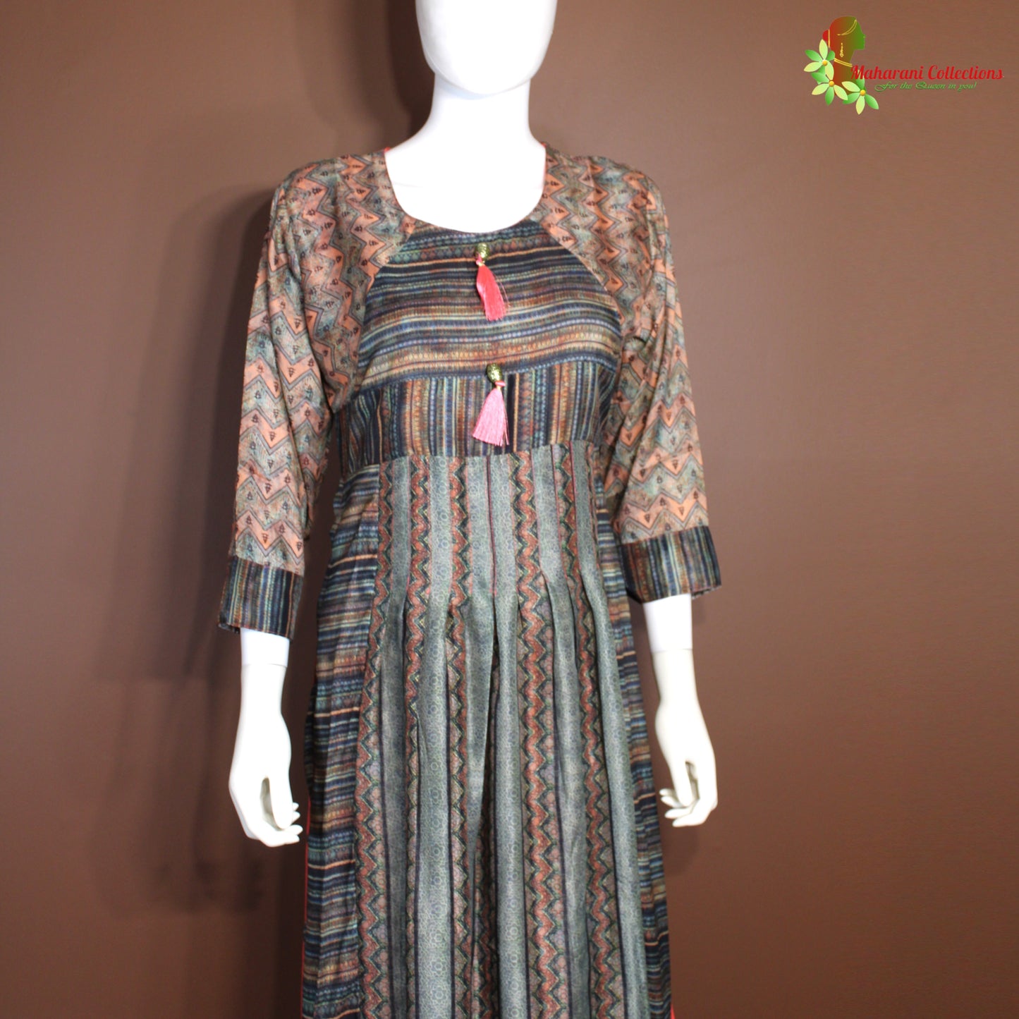 Maharani's Georgette Long Evening Dress - Brown/Red (S)