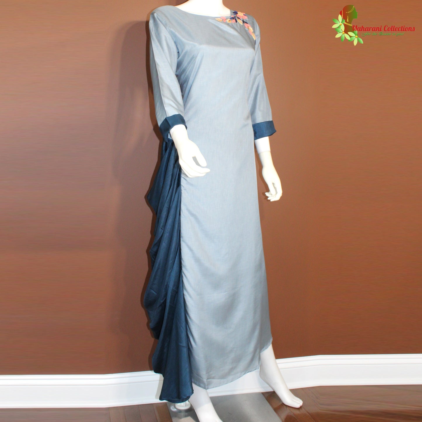 Maharani's Satin Silk Long Dress - Sapphire Blue (XL)