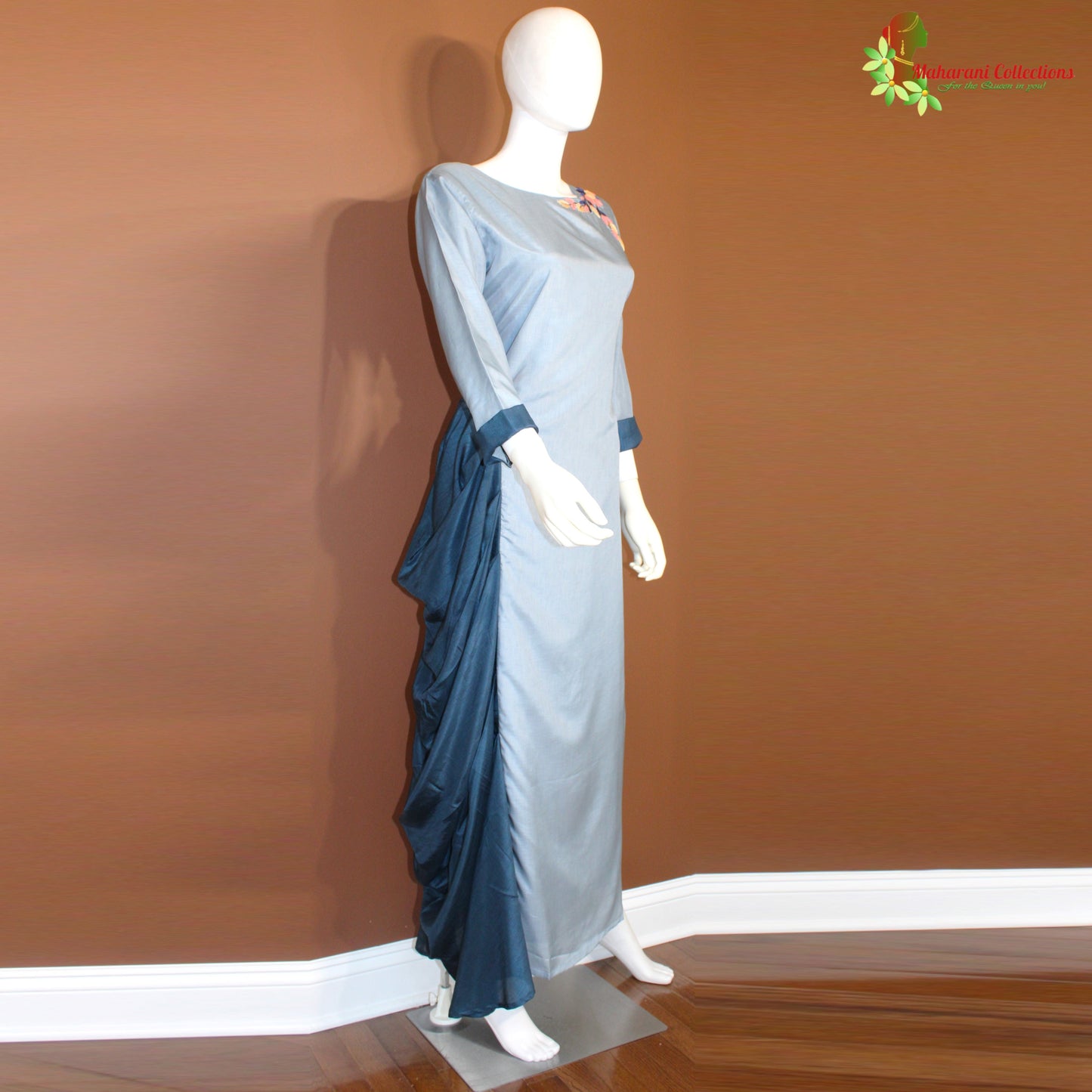 Maharani's Satin Silk Long Dress - Sapphire Blue (XL)