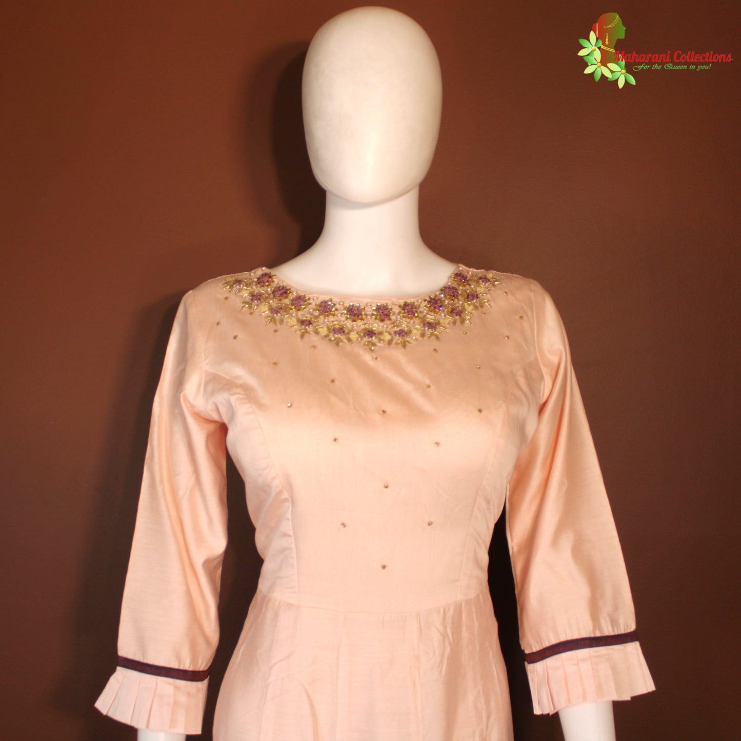Maharani's Silk Long Evening Gown - Peach (XL)
