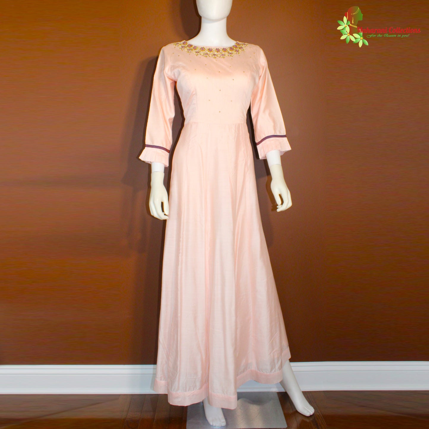 Maharani's Silk Long Evening Gown - Peach (XL)
