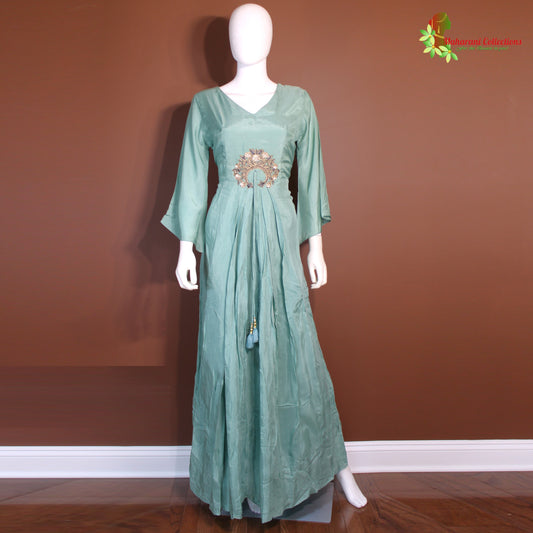 Maharani's Satin Silk Long Dress - Sea Green (M)