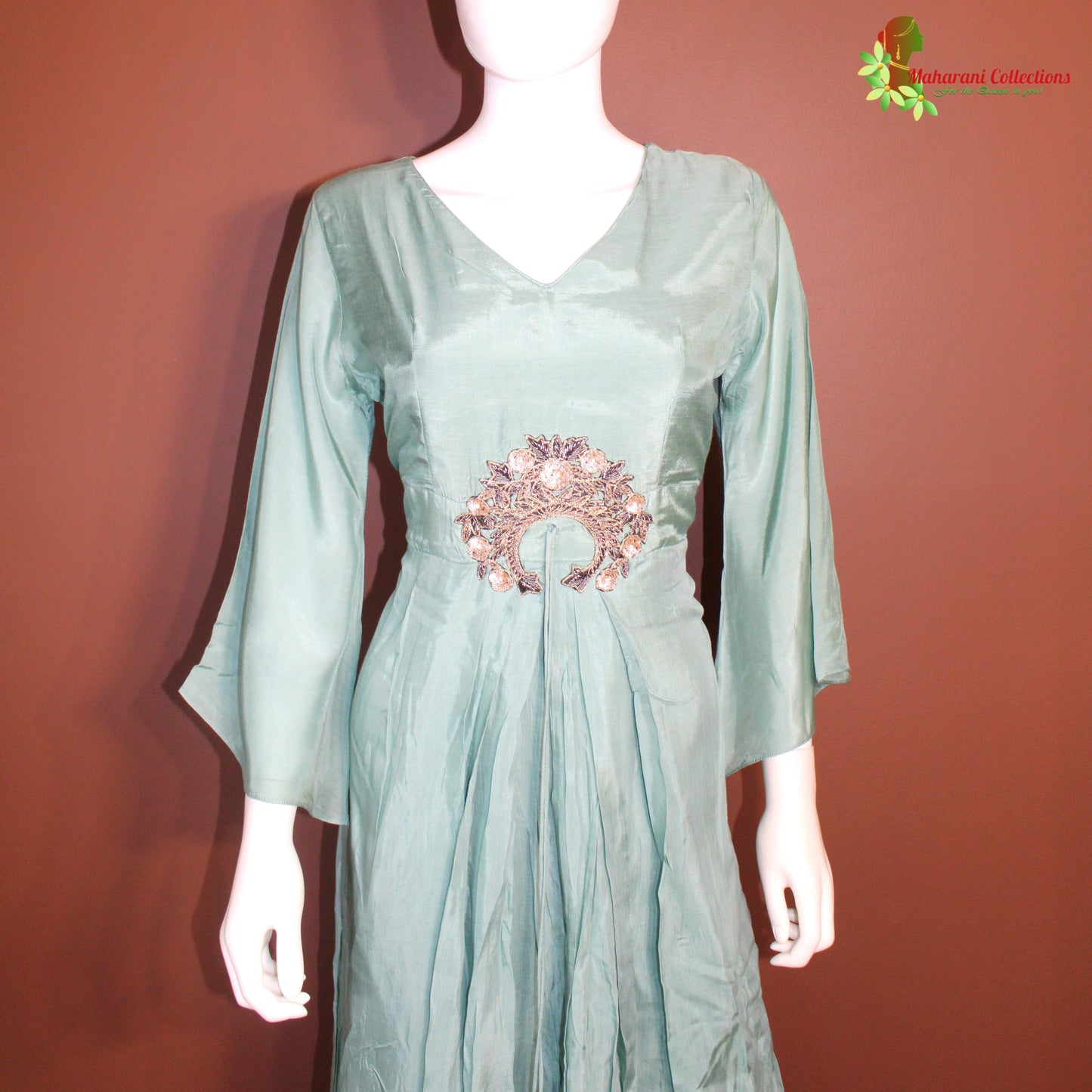 Maharani's Satin Silk Long Dress - Sea Green (M)