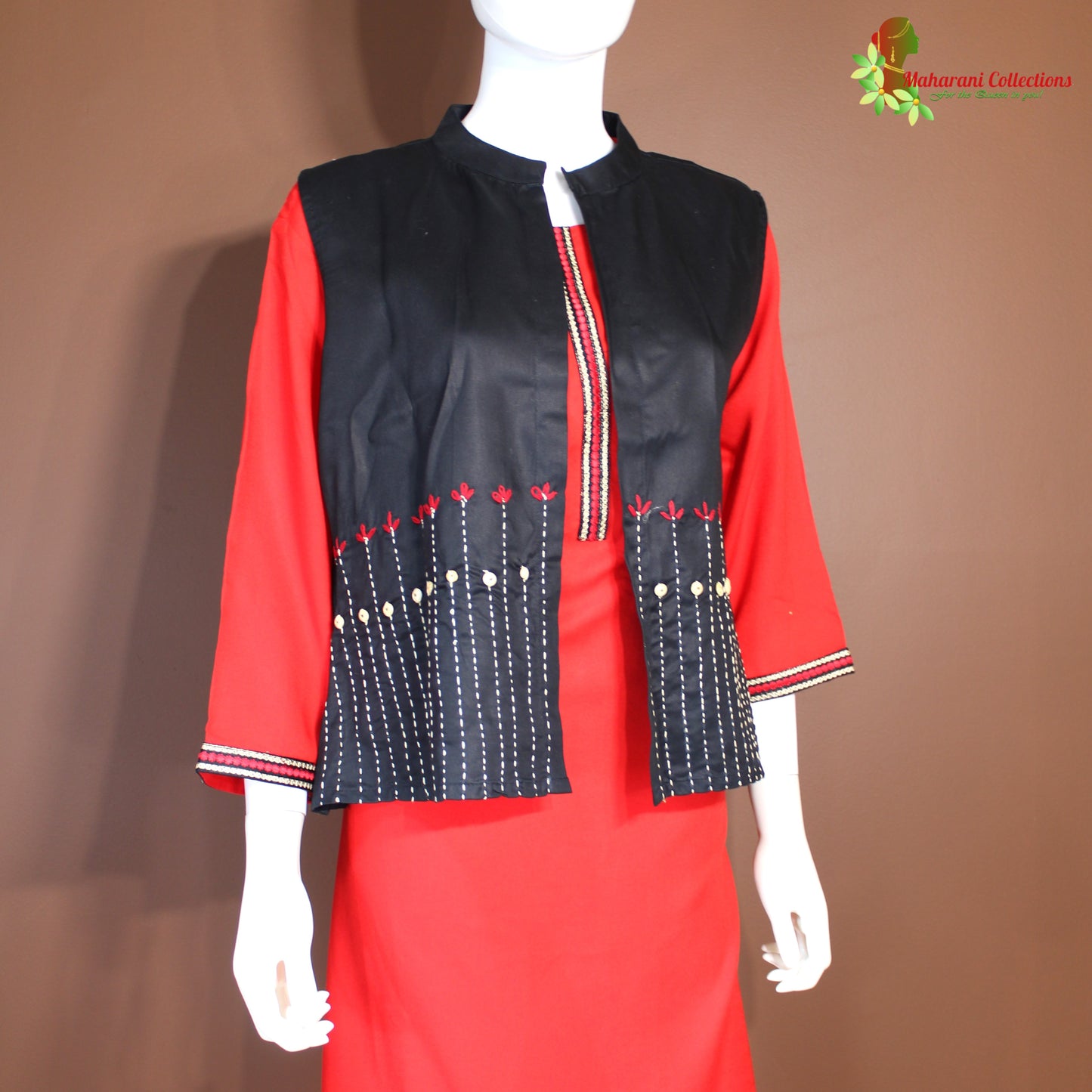 Maharani's Soft Cotton Kurta Top with Jacket - Red (XL)