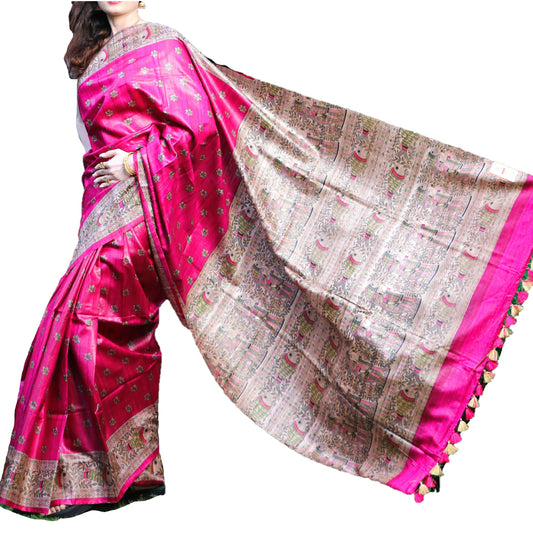 Pure Bhagalpur Tussar Silk Saree (Silk Mark) - Purple Madhubani Work