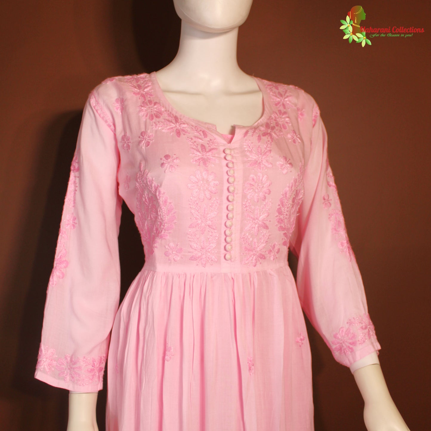 Maharani's Lucknowi Chikankari Kurta Top - Pink (M)